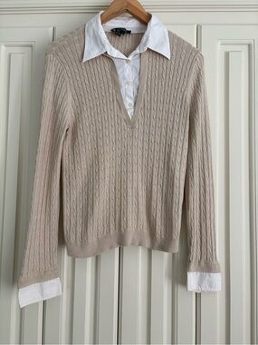 Lauren Ralph Lauren Beige Silk Cotton Cable-Knit V-Neck Collared Sweater Large